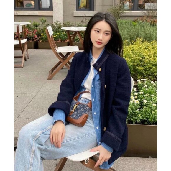 CW0684 Gucci Navy Blue Tweed Jacket With Gold Buttons & Chain Pocket Detail - Picture 8 of 8